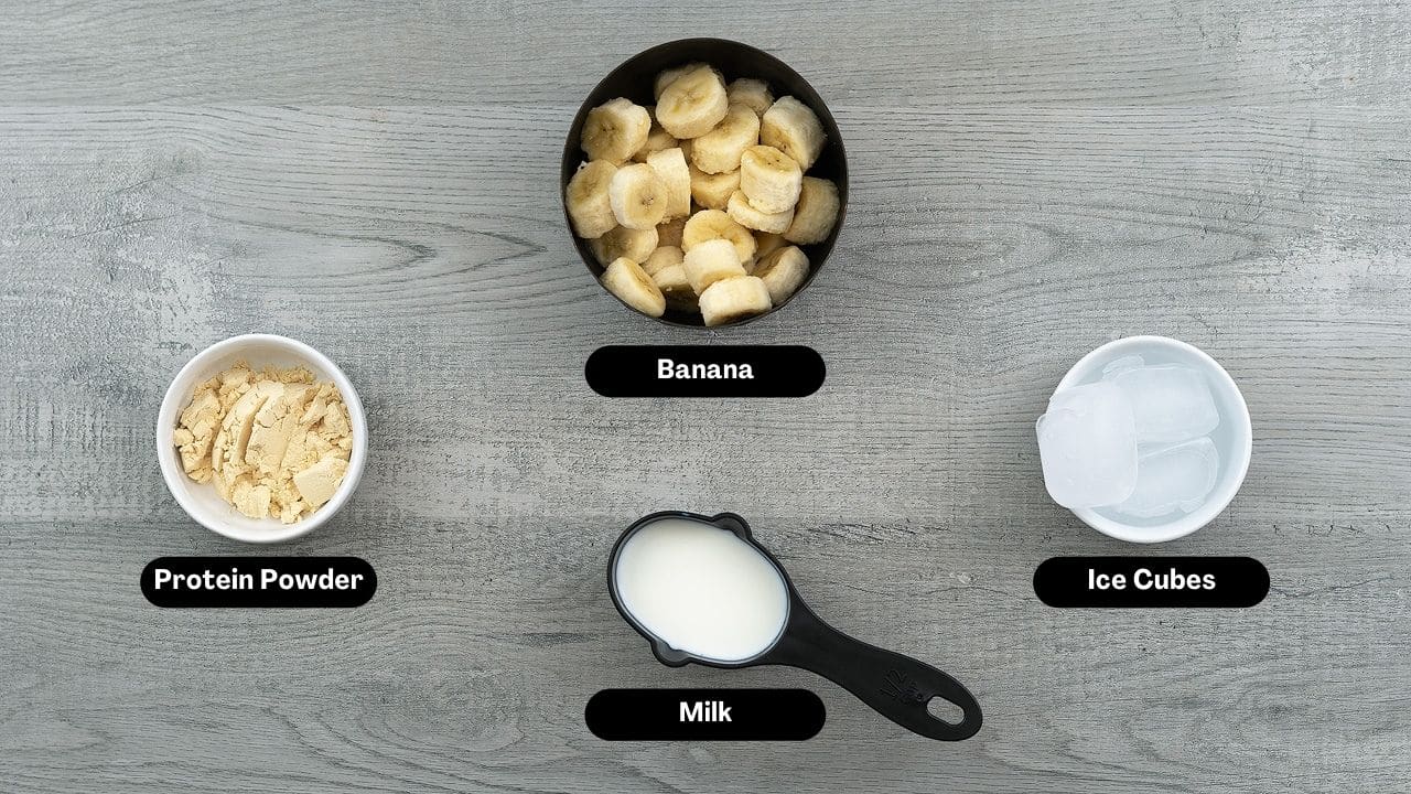 Banana Protein Shake Ingredients on a table