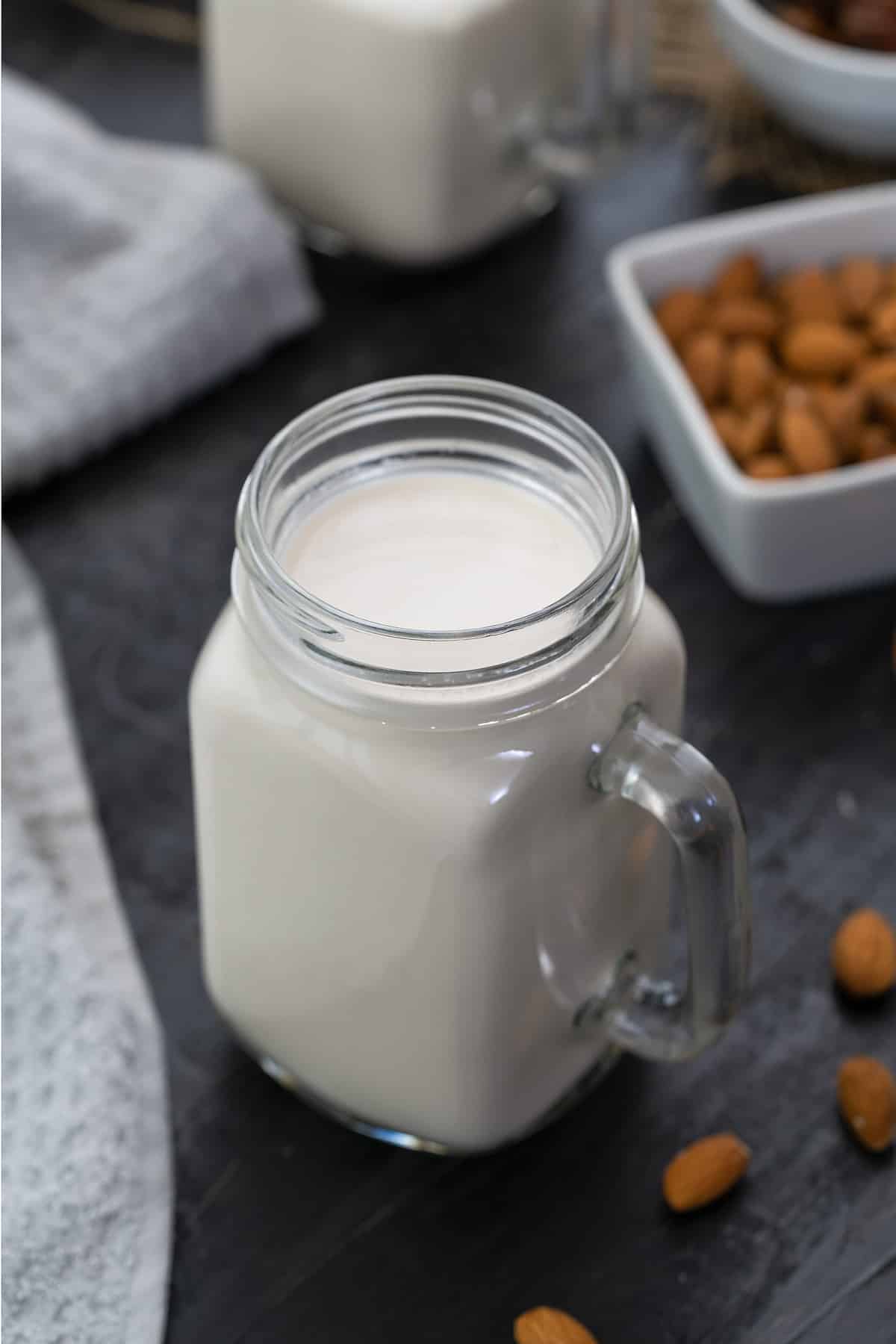 Fresh homemade Almond Milk in a jar
