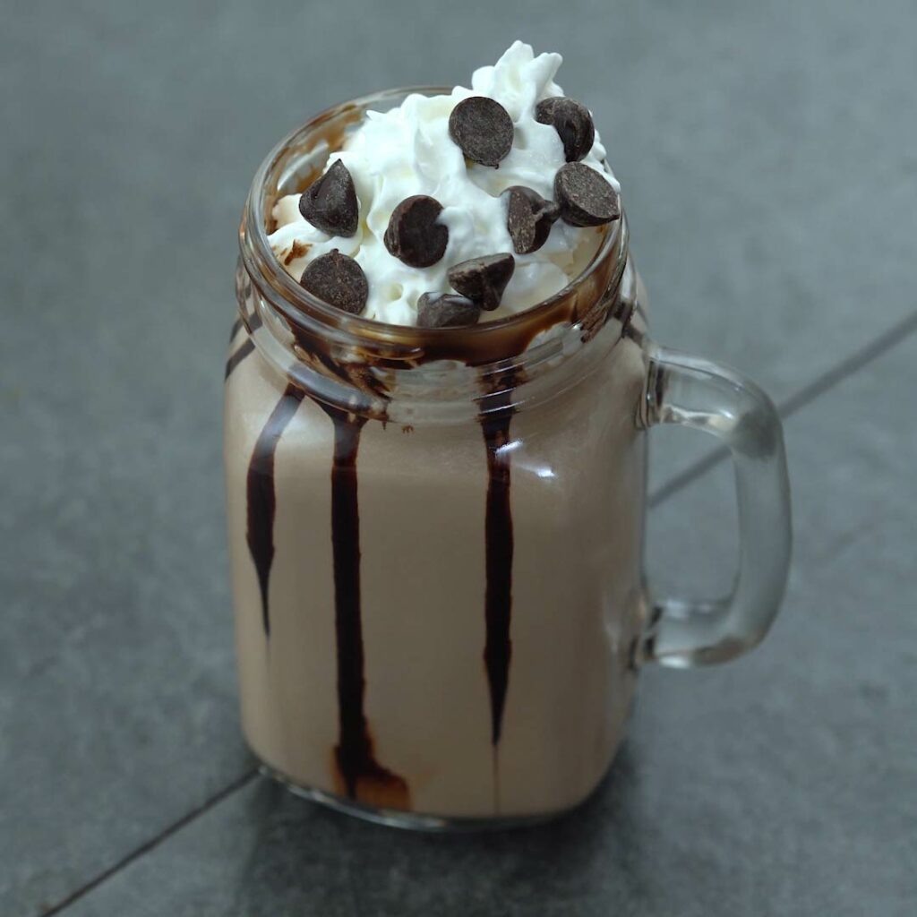 Frozen Hot Chocolate with whipped cream and chocolate chips