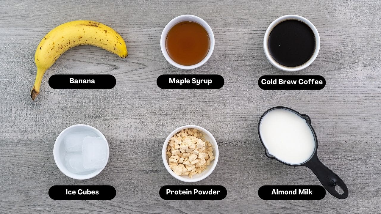 Iced coffee protein shake ingredients on a table