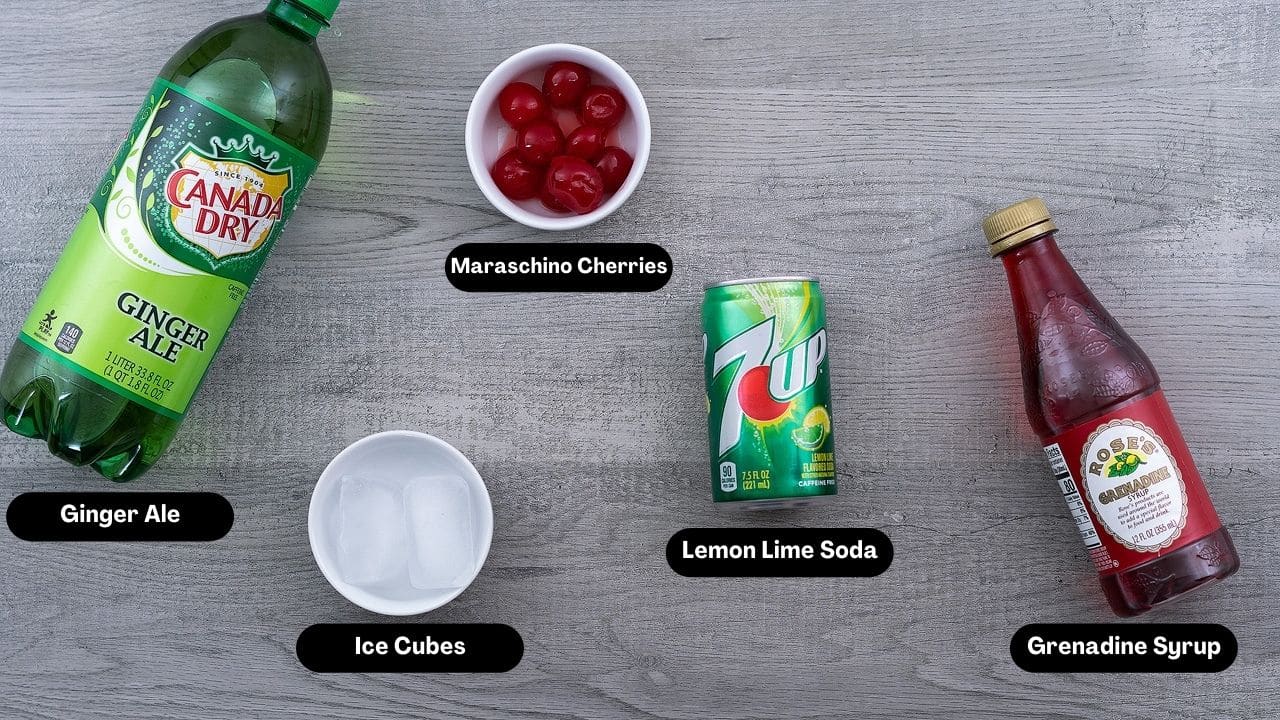Shirley Temple Drink Recipe Ingredients on a table