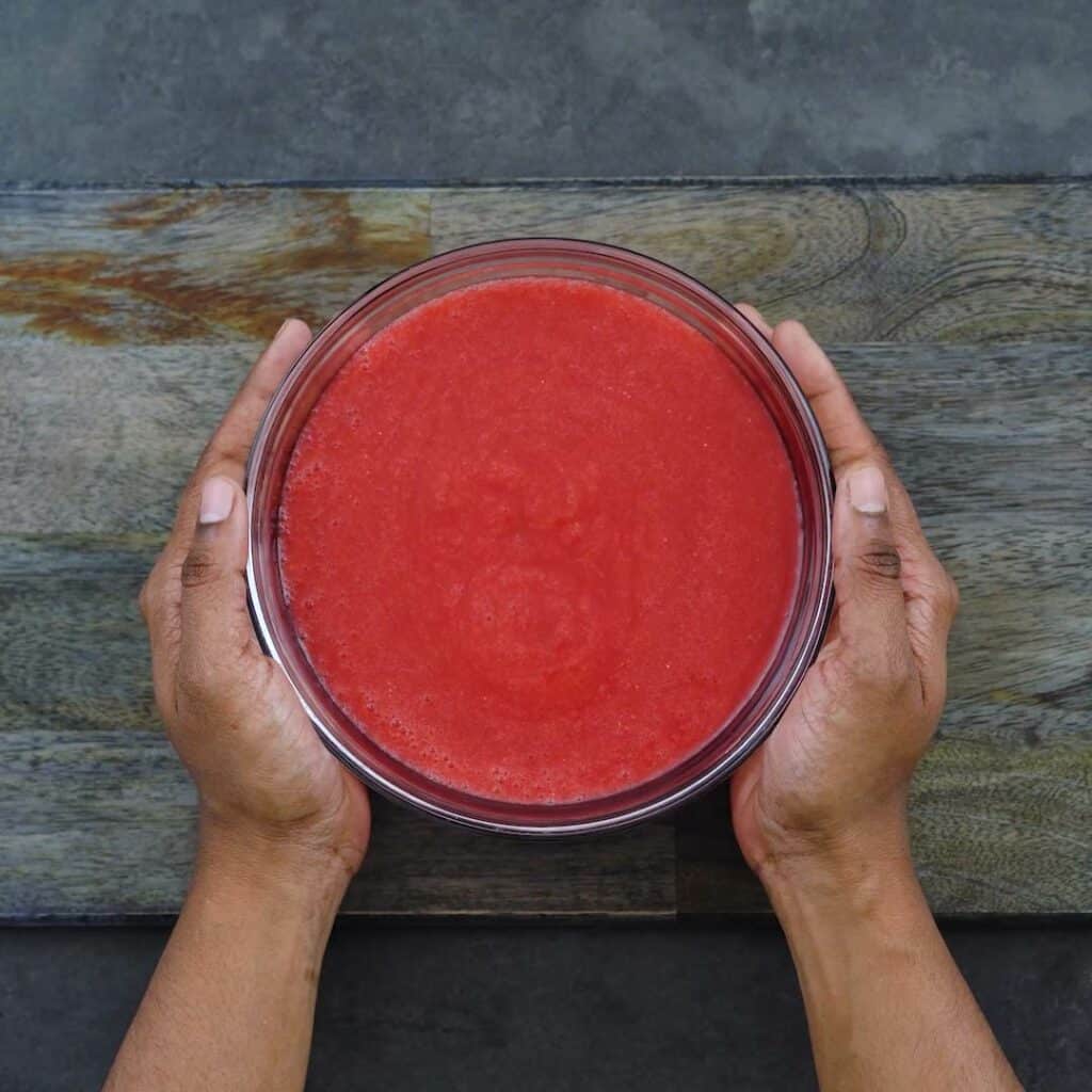 Strawberry puree in a glass bowl